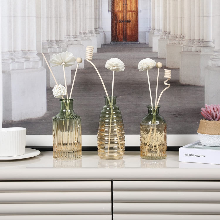 3 Pieces, Apothecary Glass Embossed Vases, Diffuser Bottles with Horizontal Vertical Ribbed Textures in Amber and Green-MyGift