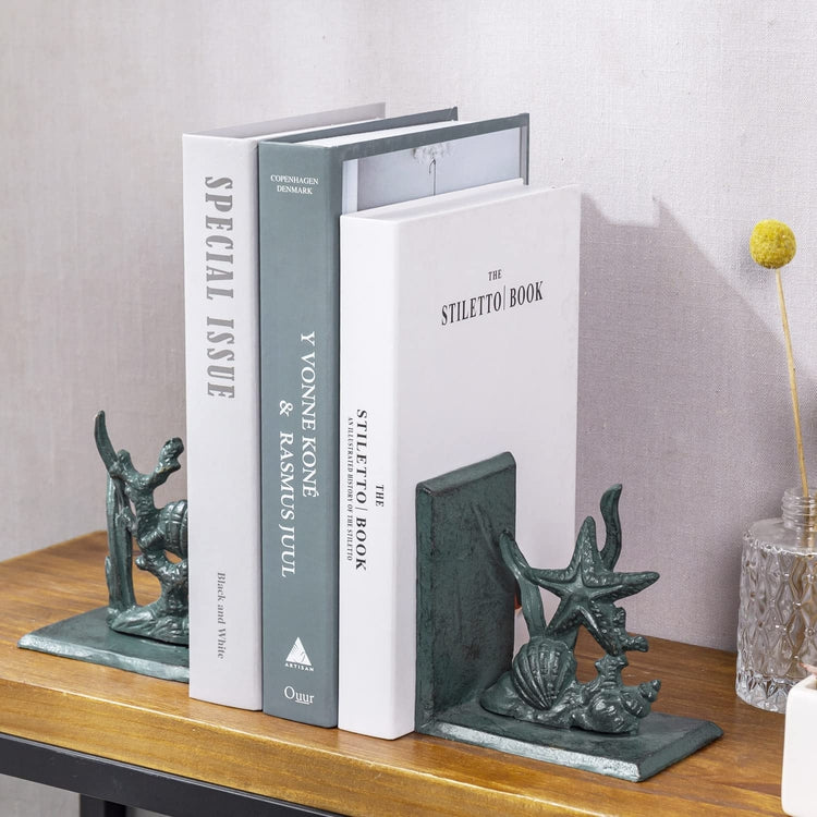 Coral Reef Bookends, Decorative Vintage Blue Cast Iron Ocean Under the Sea Design Book Holder-MyGift
