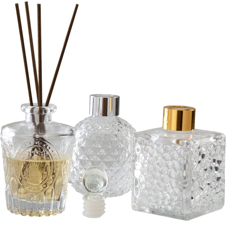 Set of 3, Clear Reed Diffuser Bottle, Decorative Small Glass Bottles with Embossed Texture and Stopper Lids-MyGift