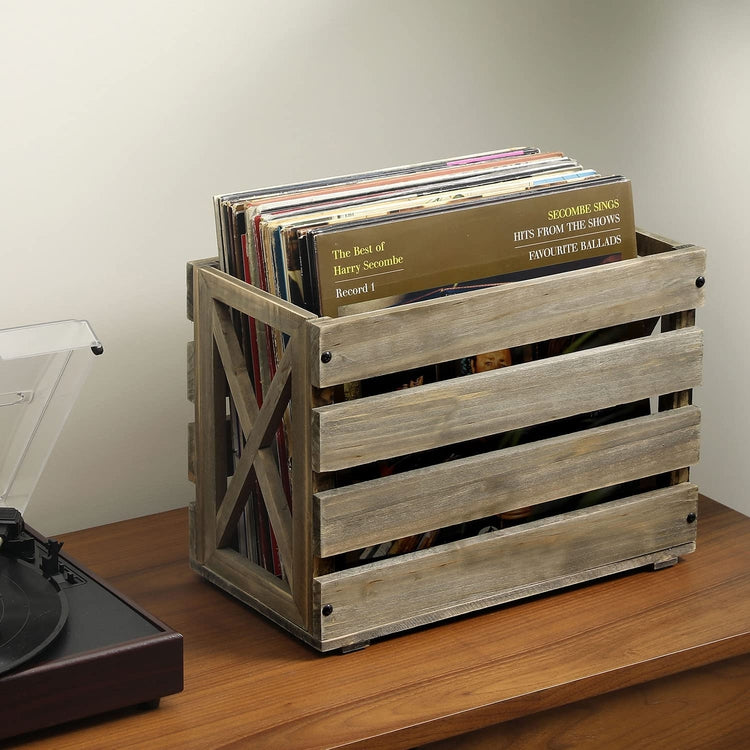 Gray Wood Vinyl Album Record Holder Rustic Crate Style Bin, Fits up to 12-inch Records-MyGift