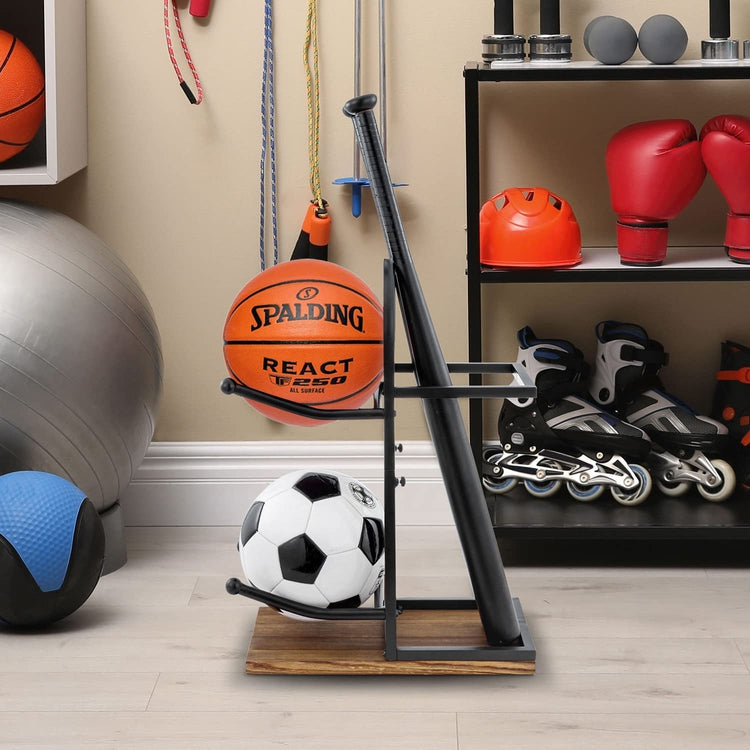 Burnt Wood and Black Metal Sports or Medicine Ball Rack, Freestanding Gym and Fitness Equipment Storage-MyGift