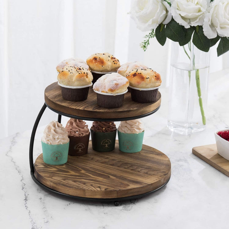 2-Tier Pizza Rack or Cake Stand with Burnt Wood Platform Trays, Cupcake Display Stand with Black Metal Frame-MyGift