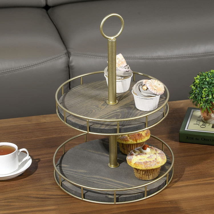 Gray Wood and Matte Black Metal Tabletop Cupcake Holder Server, 2 Tier Dessert Display Riser Stand-MyGift