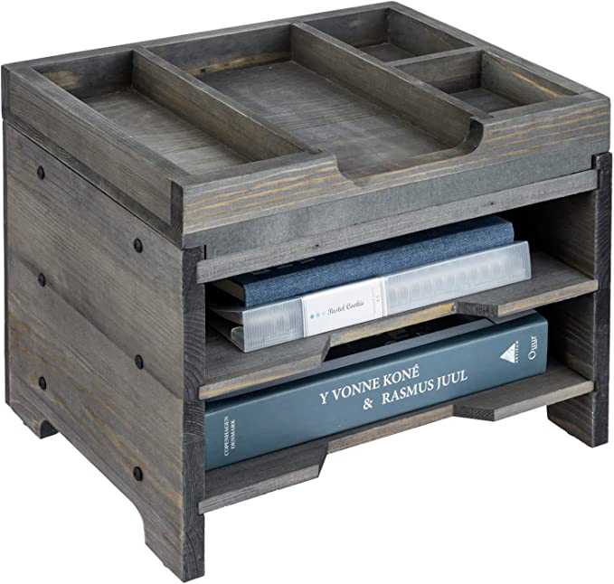 Gray Wood Desktop Paper Tray Document Organizer, Desk File Folder Holder Rack w/ 2 Compartments & Removable Office Supplies Tray-MyGift