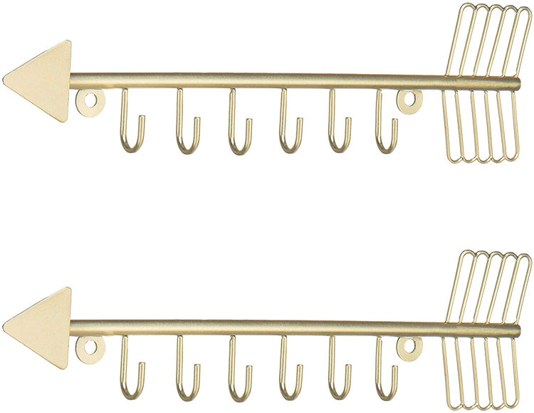 Set of 2 Brass Metal Wall Mounted Necklace Holder with 6 Hooks, Arrow Design Jewelry Organizer-MyGift