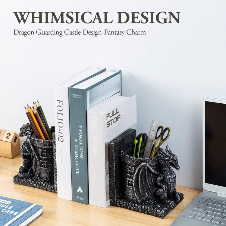 Medieval Black Resin Dragon Guarding Castle Bookends and Pencil Holder, Desk Fantasy Dragons Tower Pen Cups-MyGift