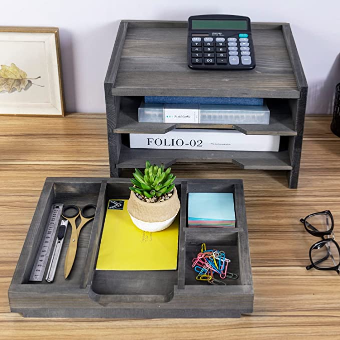 Gray Wood Desktop Paper Tray Document Organizer, Desk File Folder Holder Rack w/ 2 Compartments & Removable Office Supplies Tray-MyGift