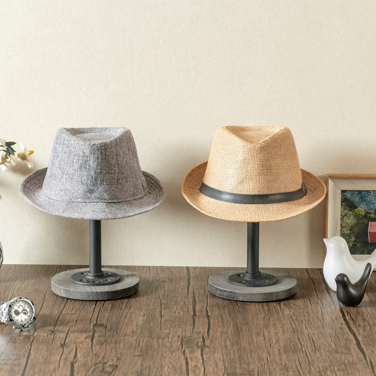 Set of 2, Weathered Gray Wood Hat Stand with Industrial Black Metal Pipe, Tabletop Wig Holder Rack Pedestal Riser-MyGift