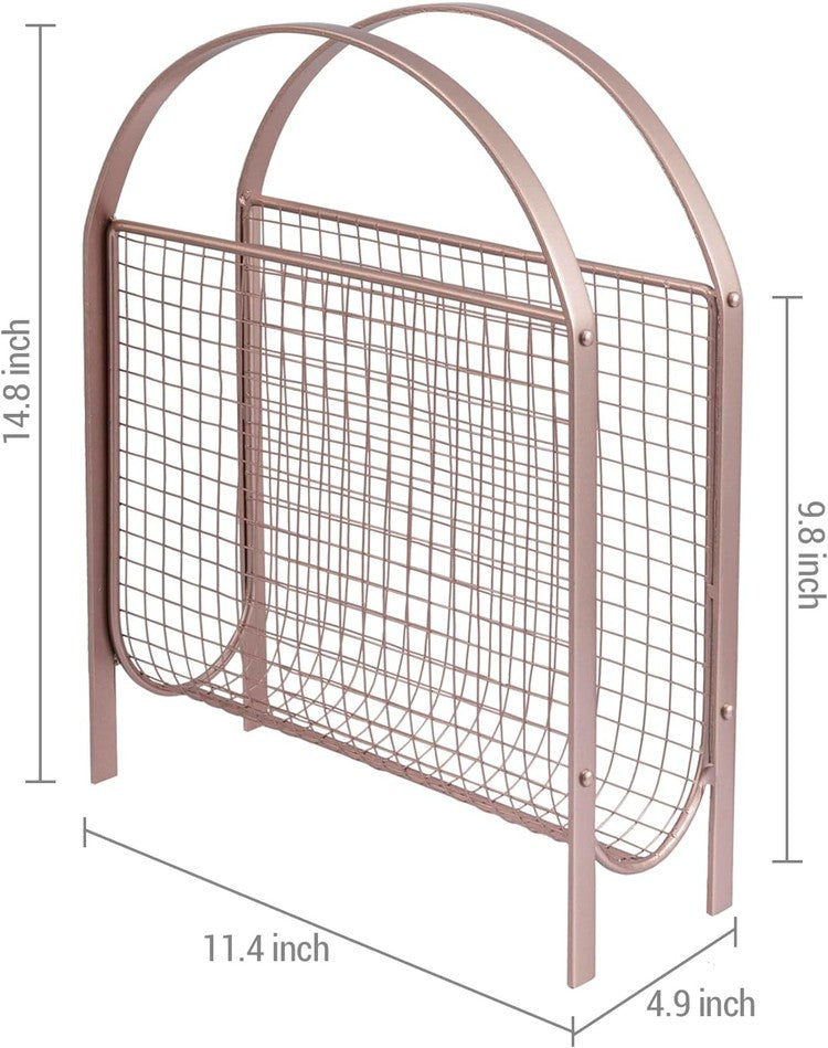 Freestanding Rose Gold Tone Metal Wire Mesh Magazine Rack, Magazine and Newspaper Basket Holder-MyGift