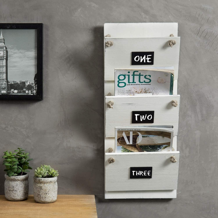 3-Slot Wall Mounted White Wood Mail Holder, Magazine Rack with Rustic Rope and Chalkboard Labels-MyGift