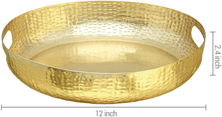 Brass Tone Hammered Pattern Metal Round Decorative Serving Display Tray with Cutout Handles-MyGift