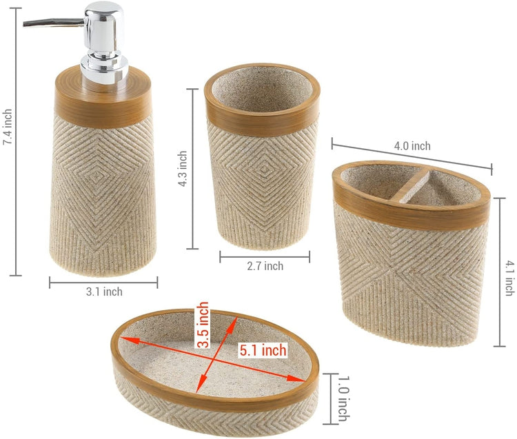 4 Piece Bathroom Set, Stone Striped Diamond Embossed, Liquid Pump Dispenser, Tumbler Cup, Toothbrush Holder, Soap Dish-MyGift
