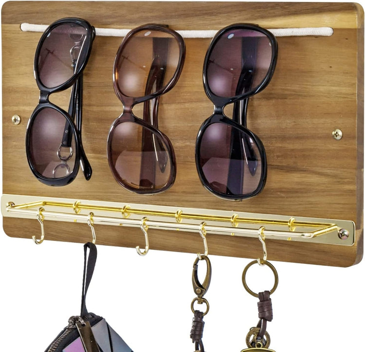 Acacia Wood Sunglasses Holder Display Entryway Wall Organizer Rack with Brass Metal Hanger Bar and Key Hooks-MyGift