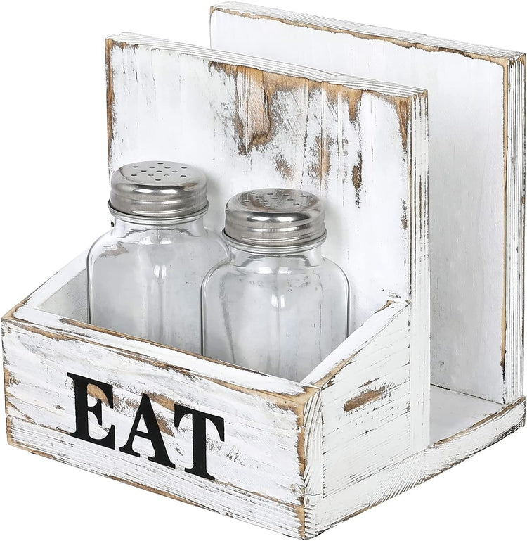 2 Compartment Whitewashed Wood Napkin Holder Rack with Spice Shakers, Condiment Bin and Printed EAT Label-MyGift