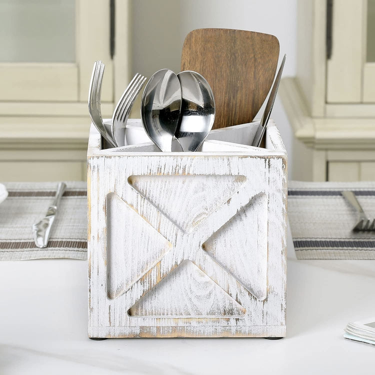 Farmhouse Whitewashed 4 Compartment Dining Utensil Holder, Rustic Wood Flatware Serving Caddy Silverware Storage-MyGift