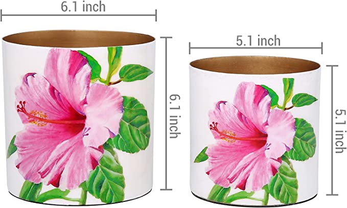 Metal Plant Pot with Glossy Hibiscus Print Pattern and Brass Interior, Colorful Flower Pot and Succulent Planter Container, Set of 2-MyGift