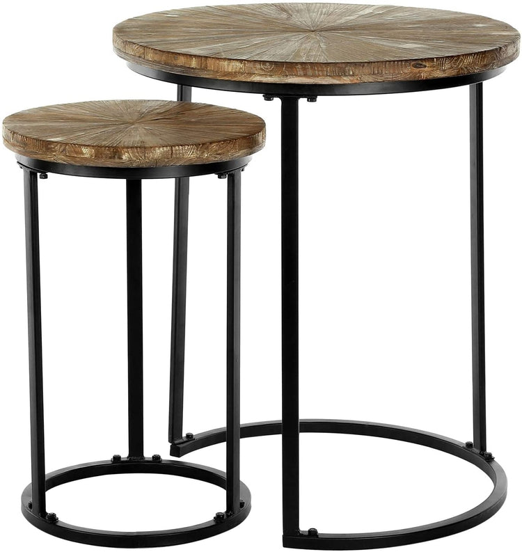 Set of 2, Brown Reclaimed Wood and Matte Black Metal Round Nesting End Tables-MyGift