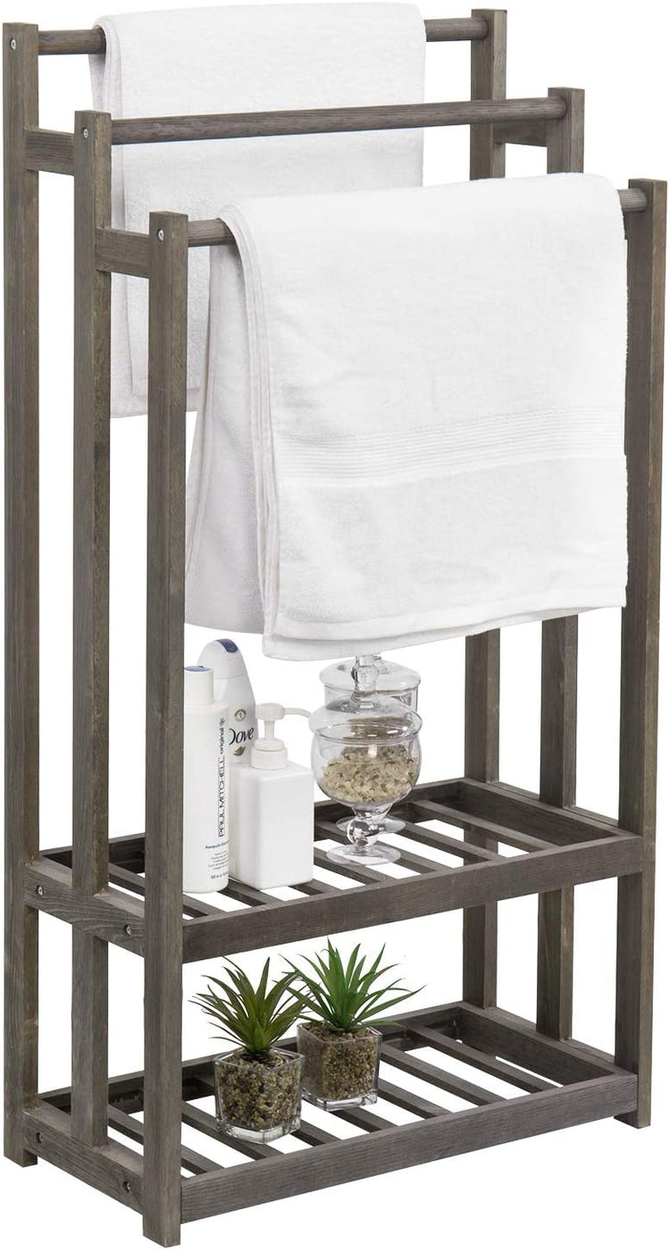 3-Tier Gray Wood Towel Rack with 2 Bottom Storage Shelves-MyGift