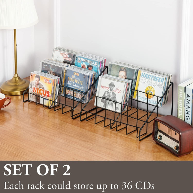 Set of 2, Matte Black Metal Wire CD Storage Stand, Tabletop Compact Disc Jewel Case Holder, Tiered Desk Organizer Rack-MyGift