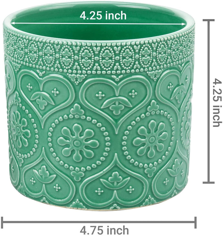 2 Pack of 4-Inch Aqua Green Ceramic Floral Embossed Succulent Planter Pots, Pots for Indoor Plants-MyGift