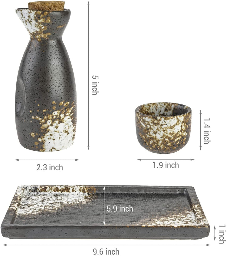 Japanese Dark Brown and White Speckled Ceramic Sake Set, with 4 Shot Glasses, Serving Tray, and Carafe Bottle, Cork Lid-MyGift