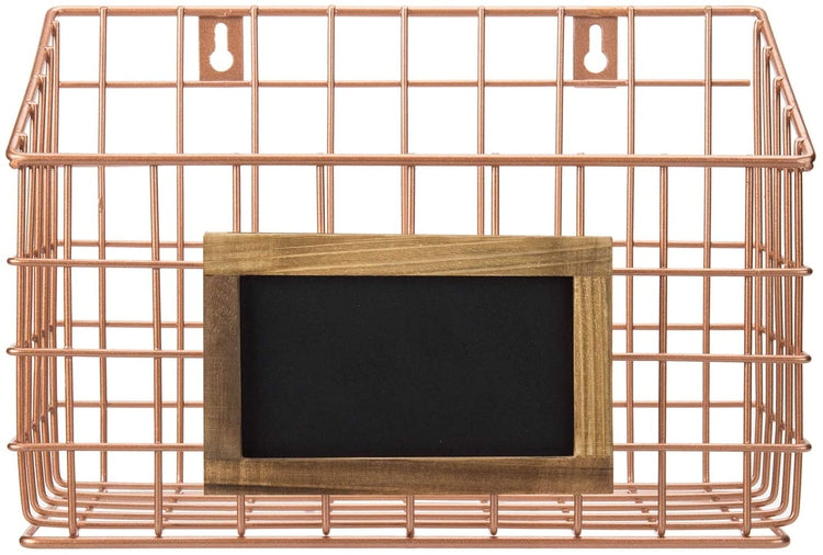 Set of 3, Contemporary Copper Metal Wire Wall Mounted Storage Baskets with Chalkboard Labels-MyGift
