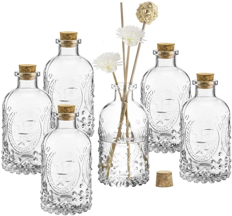 Set of 6, Vintage Embossed Fleur De Lis Glass Bottles with Cork Lid, Apothecary Clear Flower Vases-MyGift