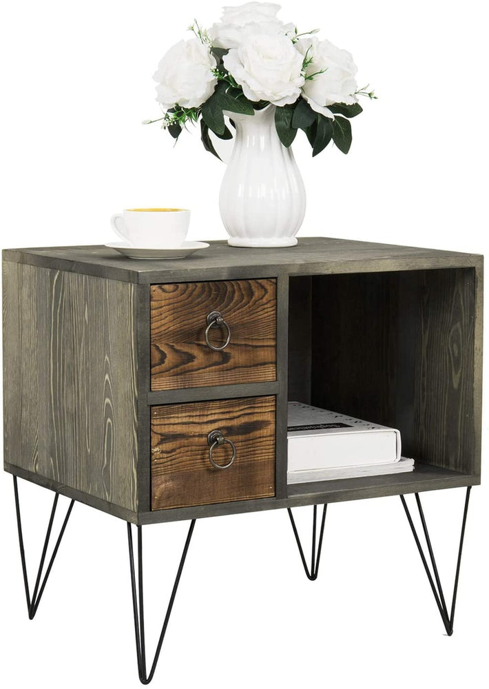 Vintage Gray Wood Nightstand / Side Table with 2 Drawers and Open Cabinet-MyGift