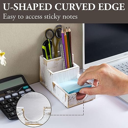 White Washed Wood Desktop Sticky Note Holder 2 Pen Compartments, Desk Stationery Organizer Tray-MyGift