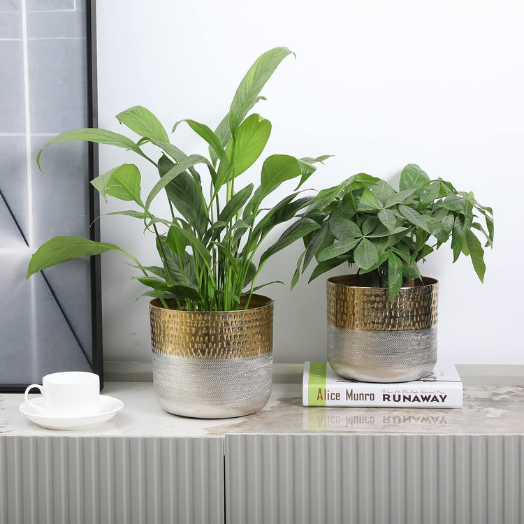 Set of 2, Metallic Indoor Planter Pot, Cylindrical Hammered Gold and Milled Embossed Silver Tone Metal Planter Vase-MyGift