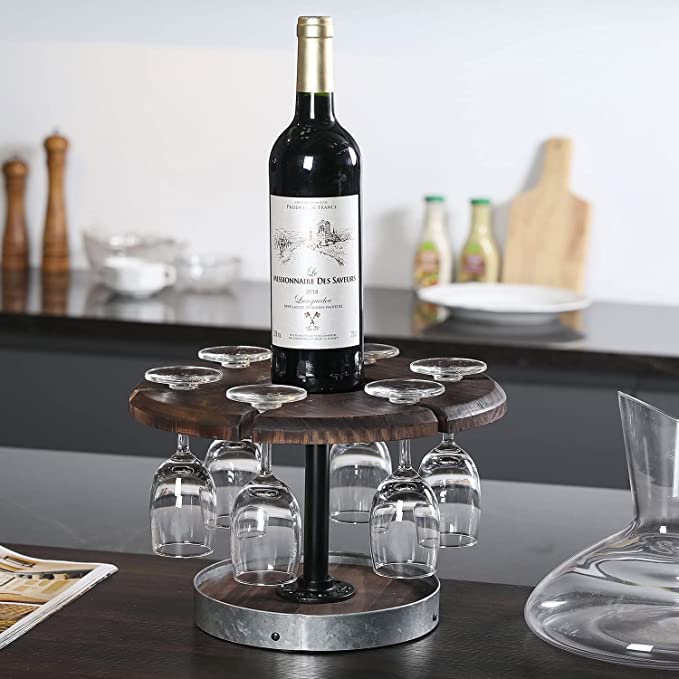 Rustic Burnt Wood Wine Flight Tasting Server Tray, Tabletop Stemware and Wine Bottle Serving Stand-MyGift