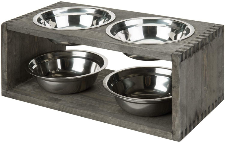 Gray Solid Wood Double Raised Pet Feeder for Small and Medium Size Pets, 4 Stainless Steel Bowls-MyGift