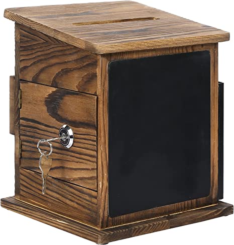 Wall Mounted Burnt Solid Wood Collection Box/Suggestion Box with Black Metal Card Holder, Chalkboard Label and Lock-MyGift