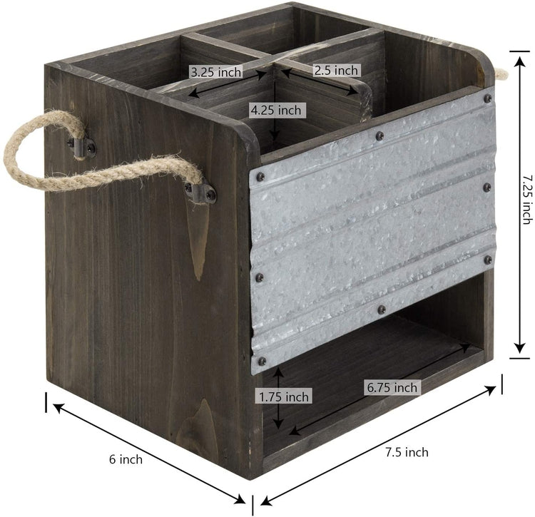 Dark Gray Rustic Wood & Galvanized Metal Dining Utensils Holder Caddy w/ Napkin Slot-MyGift
