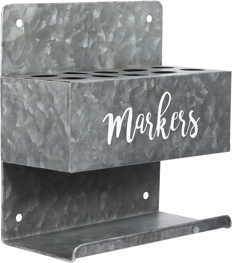 Wall Mounted Galvanized Metal Marker Holder with Storage Tray, Tiered Whiteboard Rack with Cursive MARKERS Label-MyGift