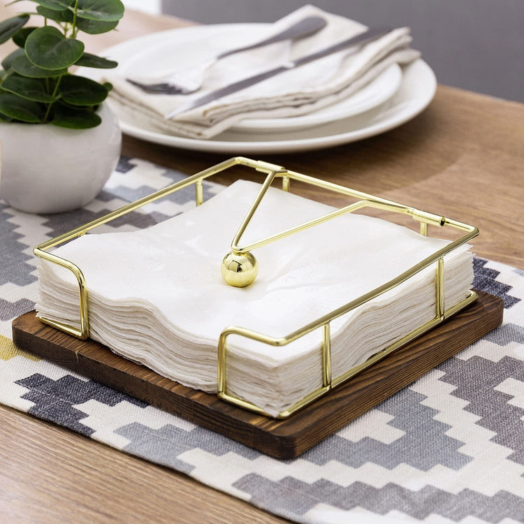Modern Brass Tone Metal Square Napkin Holder with Weighted Arm and Burnt Wood Base-MyGift