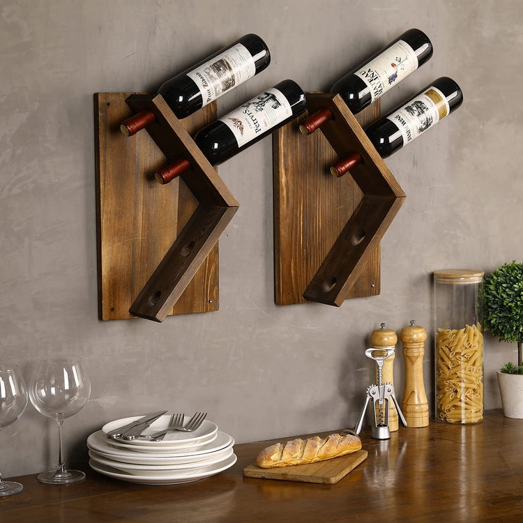 Set of 2, Burnt Wood Wall Mounted Wine Bottle Display Storage Holder Rack, Holds up to 8 Bottles-MyGift