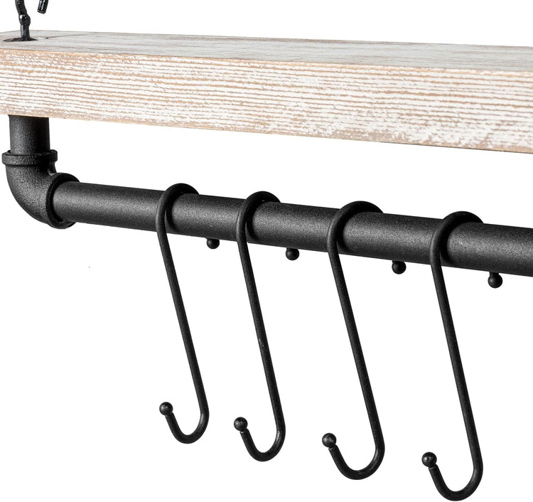 Ceiling Mounted Pot Rack with Industrial Matte Black Metal Pipe and Whitewashed Wood, Hanging Pots and Pan Organizer-MyGift