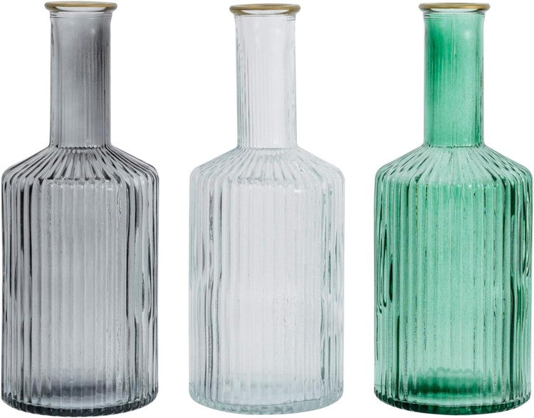 Reeded Glass Diffuser Bottles or Flower Bud Vases, Mixed Color Bottles with Brass Tone Edge and Embossed Ribbed Design-MyGift