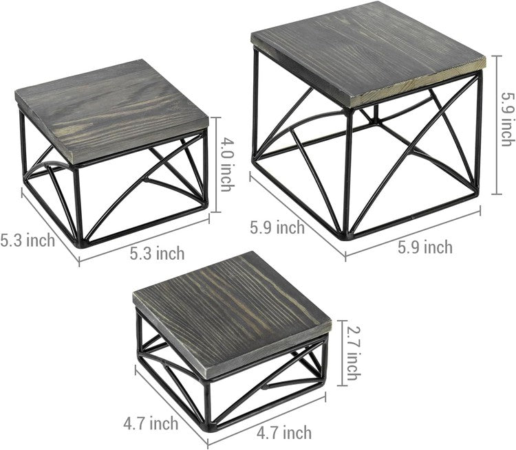 Gray Wood and Black Metal Nesting Tabletop Cupcake Riser, Cake Stand, and Food Display Rack, 3 Piece Set-MyGift