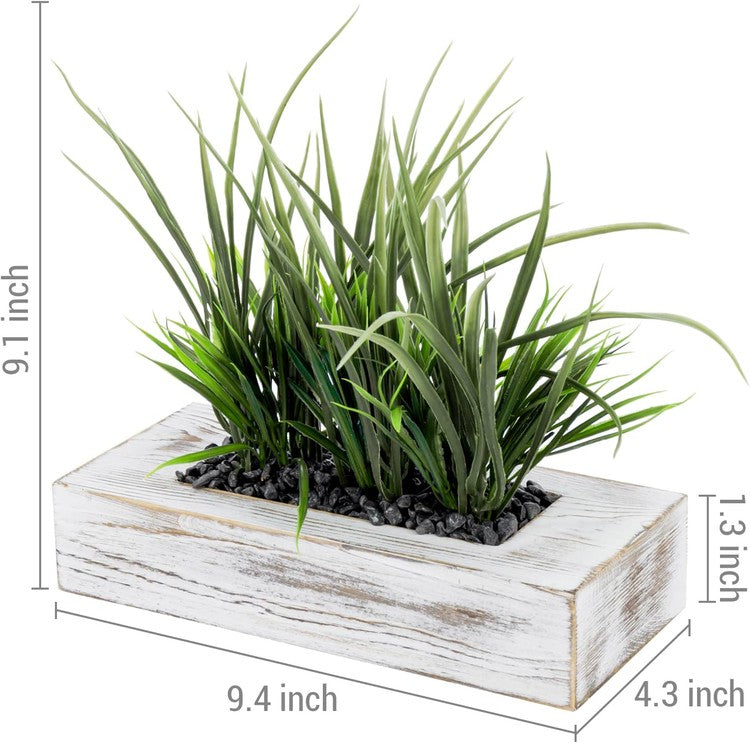 9.5 Inch Artificial Green Grass Plants in Whitewashed Weathered Wood Rectangular Planter, Faux Greenery Centerpiece-MyGift