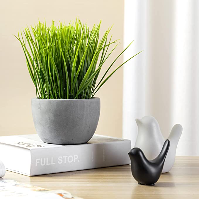 Small Artificial Plant in Pot, Tabletop Fake Faux Grass Plant in Cement Gray Round Planter Pot-MyGift