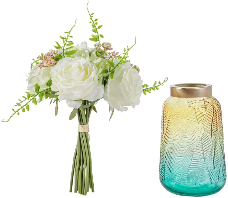White Faux Roses Artificial Flower Bouquet in Aqua Gradient Glass Vase and Gold Trim with Leaf Embossed Design-MyGift