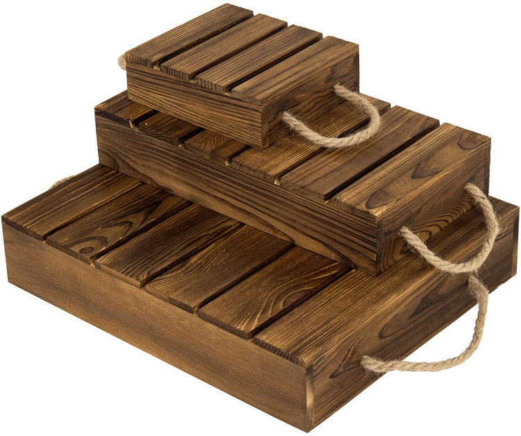 3-Tier Burnt Wood Pallet Style Dessert Riser Stands, Retail Displays with Rope Handles-MyGift