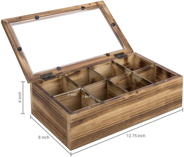 Burnt Wood Tea Bag Storage Box with 8-Compartments, Clear Display Lid, and Magnetic Closure-MyGift