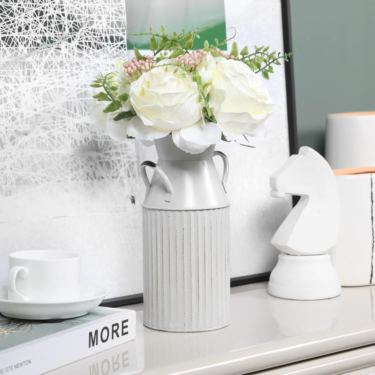 Artificial White Rose Fake Flowers Bouquet with Farmhouse Vintage White Metal Milk Jug Vase-MyGift