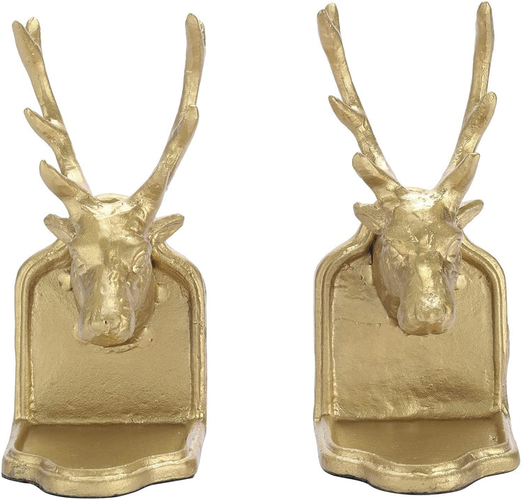 2 Piece Set, Brass Tone Stag Elk Bust Deer Head Cast Iron Decorative Bookends-MyGift