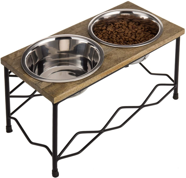Natural Wood & Black Metal Lattice Style Elevated Double Pet Feeder with 2 Stainless Steel Bowls-MyGift