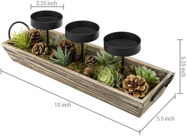 3 Metal Candle Holders with Torched Wood Tray and Artificial Succulent, Pine Cone Decorations-MyGift