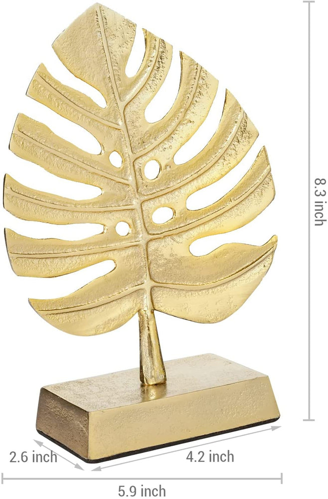 Brass Tone Palm Leaf Sculpture Decor, Monstera Plant Brass Statue, Table Art Sculpture-MyGift